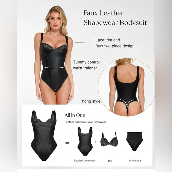 Popilush Leather Corset Lace Shapewear Bodysuits Tummy Control Faux Leather - Picture 4 of 9